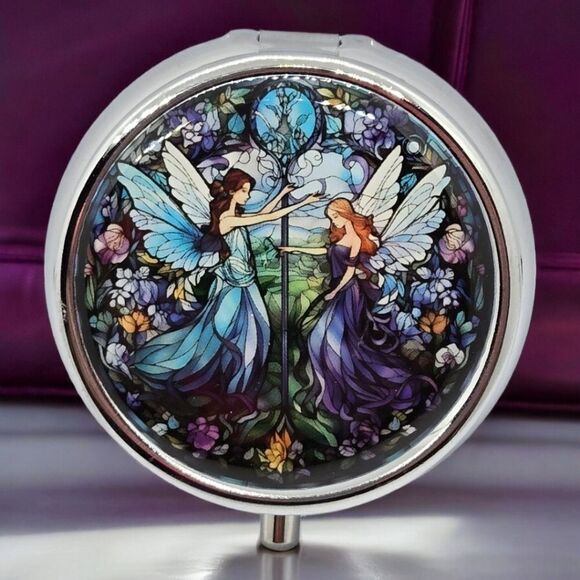 Fairy Angel NEW Pill Box Medicine Mini Tin Case Mirrored Travel Purse Size Blue - Picture 1 of 9
